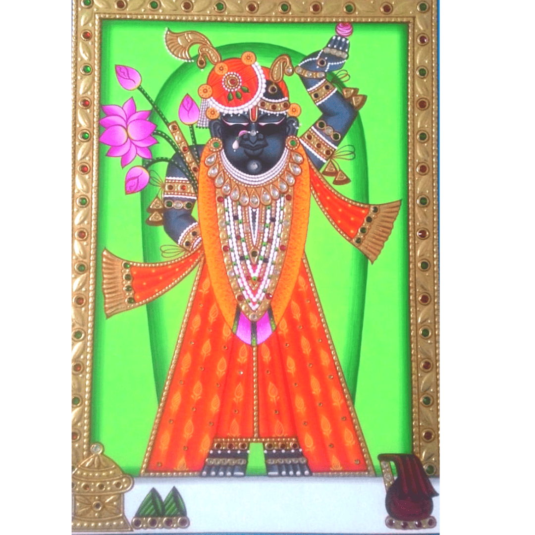 Radiant Gold Leaf Shrinathji Painting – Vibrant Orange Attire Spiritual Art